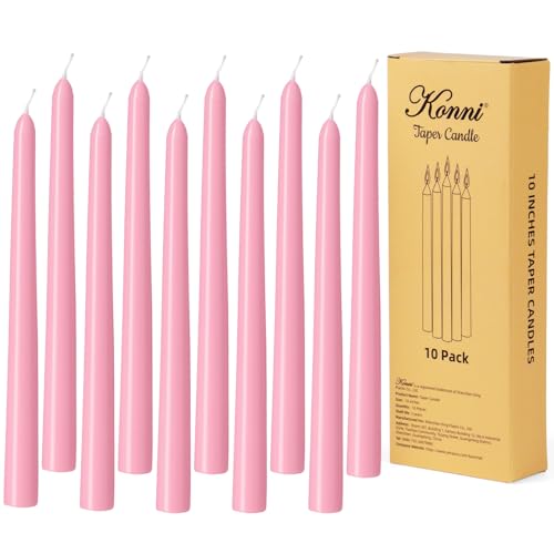 KONNI 0.8710 Inch Pink Taper Candles Unscented and Smokeless Tall Candlesticks 10 Pack Tapered Candles with Cotton Wicks Long Burning Ideal for Weddings Dinner Parties and Home Dcor