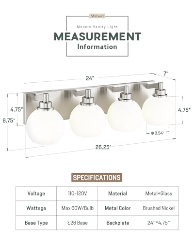 Image of Bathroom Light Fixtures, 4 Light Brushed Nickel Vanity Light, 26 Inch Modern Wall Sconces with Globe Milk White Glass Shade, Vanity Lighting Fixtures Over Mirror, VL195-BN-ML-4