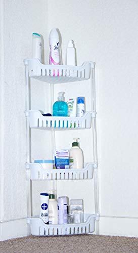 ADEPTNA Strong White Plastic Shower Caddy Corner Shelf Bathroom Rack Kitchen Storage Unit - Quick to Build - Easy to Clean (4 TIER BATH RACK)