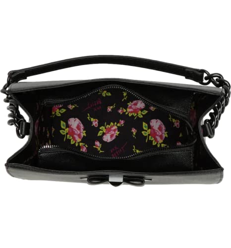 Betsey Johnson Asher Pebble Textured Black Faux Leather Chain Shoulder Bucket W/Printed Gusset Sides Bow Hardware & Chain Handbag #TOP2