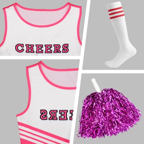 Cheerleader Costume for Girls, Cheerleading Outfit for Kids Dress with Pom Poms for Halloween 3-12 Year (Pink, L)