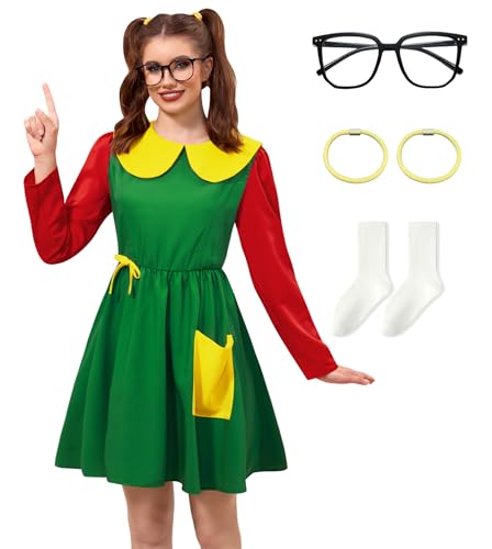 Clarisbelle Adult Halloween 4 Piece Outfits La Chilindina Costume Peter Pan Collar Green Dress with Pocket M