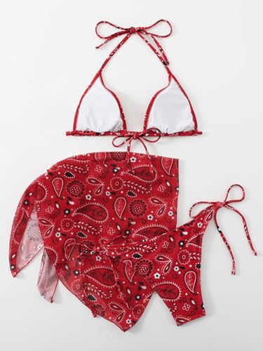 SOLY HUX Bikini Sets for Women Paisley Print Halter Triangle Bathing Suit 3 Piece Swimsuit with Sarong Cover Up2