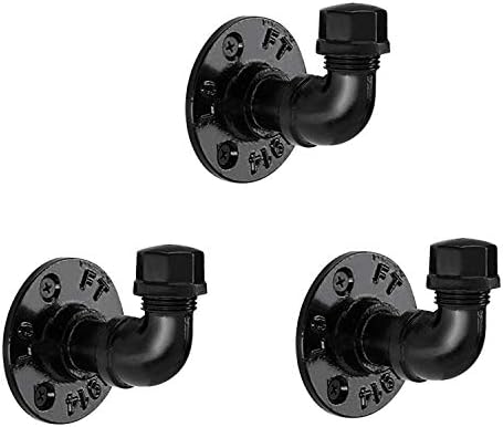 Pynsseu Industrial Pipe Hooks 3 Pack, Pynsseu Iron Robe and Towel Hook, Heavy Duty DIY Wall Mounted Rustic Coat Hanger Hat Holder, Matte Black Hook