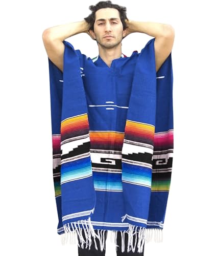 Del Mex Serape Style Mexican Aztec Poncho (Blue)