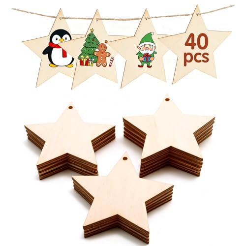 40 colgantes de madera de Navidad, estrella de madera, decoración para boda, Navidad, etiquetas de regalo, manualidades, colgantes de madera, colgantes decorativos para pintar y manualidades con hilos