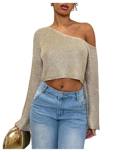 MakeMeChic Women's Sparkly Tops Off The Shoulder Sweaters Long Sleeve Cropped Sweater Party Crop Tops Apricot Small