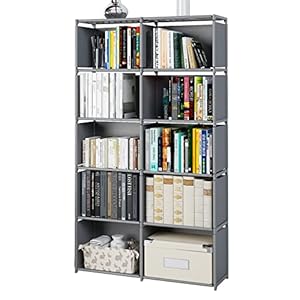 Bookshelves, Assembled Storage Rack, Bedroom Living Room Vertical Cabinet Bookshelf, Double Row 10-Grid Multi-Functional Storage Equipment (Grey)