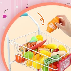 Miniatura 6 de deAO Carrito de compras para niños con marco de metal resistente para niños pequeños, 46 piezas, alimentos, frutas, verduras, juego de rol, juguete