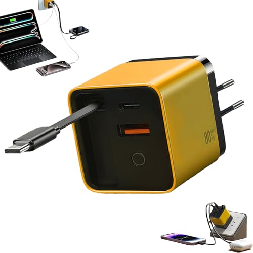 3 in 1 Charger, skalierbares 80W MAX-Schnelllademodul mit Typ-C-Kabel und 2 USB-Anschlüssen, 80W Schnellladegerät mit 60cm Schnell Einziehbares Ladekabel für Handy und Laptop