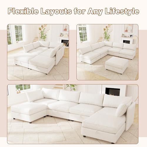 Image of 95.5 inch Chenille Modular Sectional Sofa Bed Hidden Storage, Convertible L U Shaped Sleeper Couch, 6 Seat Modern Modular Sectional Sofa with Removable Covers & Ottoman Chaise, for Living Room, Beige