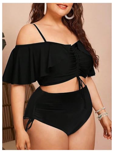 Women's Plus Size Two Piece Tankini Sets Off Shoulder Ruffle Drawstring High Waisted Textured Swimsuits4