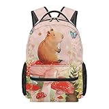 Glkyslehks Capybara School Backpack for Girls 10-12 Years Old 17 Inch Cute Mushroom Backapack Daypack with Front Pocket Travel Rucksack Adjustable Strap