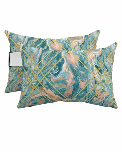 Anzona Pack of 2 Turquoise Lumbar Pillow Covers, Outdoor Waterproof Throw Pillow Covers Set, Modern Geometric Marble Abstract Art Decorative Cushion Case for Patio Beach, 12x20 Inch