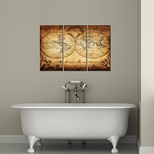 Ilooklike 3 Panels Vintage Map Canvas Prints Wall Art Brown World Map Picture Posters Retro Map Of The World Paintings For Modern Office Classroom Walls Decoration Ready To Hang Each Panel 16X32Inch #TOP3