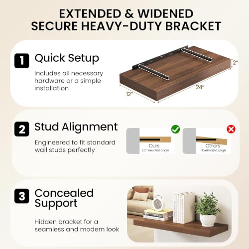 Image of Walnut Floating Shelves 55Inch Long, 12 Inch Deep Floating Shelves for Wall, 55 x 12 Large Floating Shelf for Fireplace Mantel, 2 inch Thicked Rustic Wall Shelves for Living Room, Bedroom Storage, 2 Packs