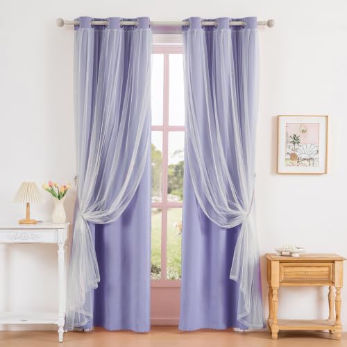 Image of Anytime Double Layer Blackout Curtains 2 Panels,35Wx84L,Lavender | Sheer And Fabric Window Drapes Grommet Top Solid Color Bedroom Living Room Home Decor