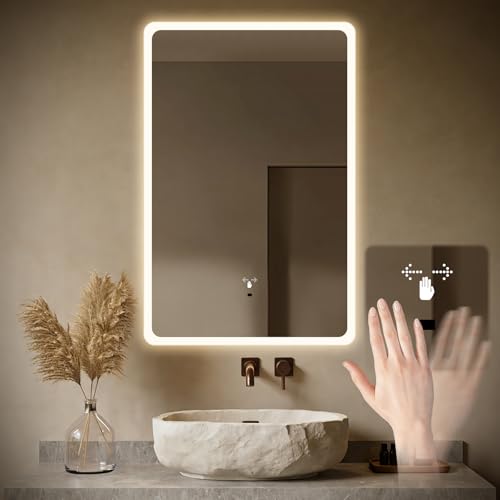 WARM&LOVE 16 x 24 Inch LED Bathroom Mirror, Hand Scan Sensor Anti-Fog Bathroom Mirror with Lights, Stepless Dimming, 3 Color Lighting, Lighted Bathroom Mirrors for Wall, Vertically Only