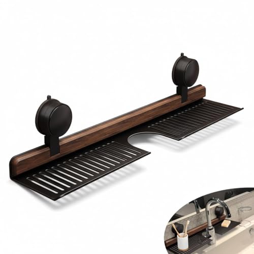 KeyoGoS Étagère à ventouse en noyer pour salle de bain et robinet de cuisine avec ventouse – Étagère d'évier et de robinet sans perçage pour salle de bain et cuisine (M, 50 cm)