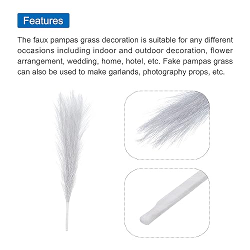 Uxcell 6Pcs Faux Pampas Artificial Grass Small 45cm/17.7" Fake Fluffy Pampas Artificial Grass 7 Branches Artificial Plants Vase Filler for Home Office Vase Wedding Decoration Silver - Image 4