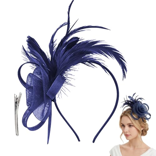 RUGBOL Navy Fascinator Damen Hochzeit Vintage Blumen Netz Feder Haarschmuck Blau für Cocktailparty Braut Galas