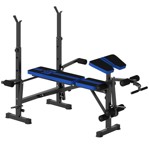 HOMCOM Banco de Musculación Multifuncional, Banco de Pesas con Respaldo Ajustable, Soporte para Barras Regulable, Extensión de Piernas, Curl de Predicador, Mariposa, Entrenamiento Casa Gimnasio, Azul