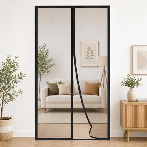 Image of Door Polyester Magnetic Curtain Auto Closing Insect Screen for All Door Types with Self Adhesive Hook Tape (200X100 cm, Black-Polyester)