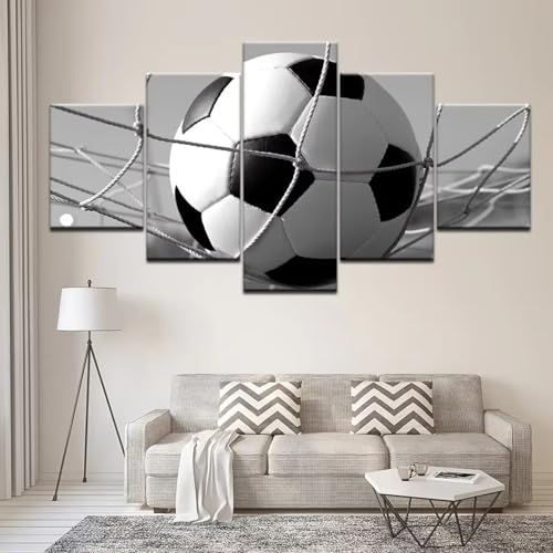Impression sur toile de football en 5 parties noir et blanc pour decoration murale de salon