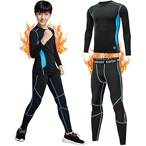 YFPICO Boys Girls Thermal Underwear Set Fleece Lined Kids Base Layer Winter Warm Long Sleeve Compression Top & Bottom Unisex Sports Workout Set Ages 6 to 14 Blue Cover