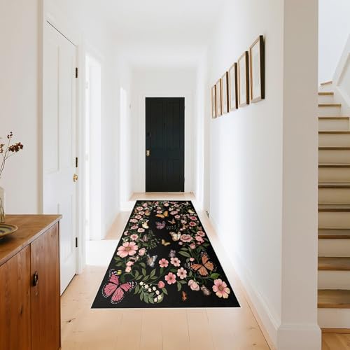 Washable Rug 2'×6' - Washable Runner Living Room Rug Boho Black Small Rugs for Entryway Kitchen Door Mat Indoor Entrance 2'×6' Rugs Butterfly Mats