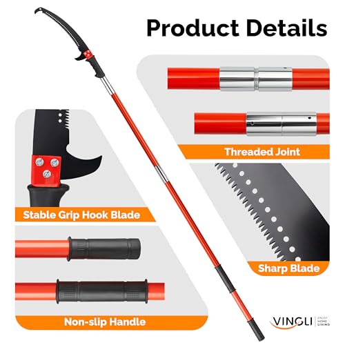 Image of VINGLI 24ft Manual Pole Saws, Extendable Tree Trimmers Long Handle Pruner, Sharp Steel Blade and Scissors, Long Tree Pruner with Lightweight 7 Fiberglass Handles for Pruning Palms and Shrubs