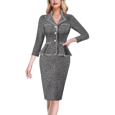 VFSHOW Womens 2024 Fall Work Business Dresses Tweed V Neck Buttons Church Office Slimming Collared Peplum Pencil Sheath Dress (Black, Small) 11640 BLK S Cover