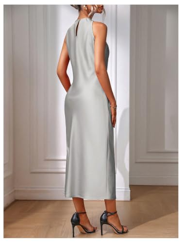 Image of Floerns Women's Elegant Crew Neck Maxi Slit Cocktail Tank Wedding Dress | Boat Neck, Side Slit, Long, Party, Cocktail, Formal, Rehearsal Dinner Guest Midi Dress