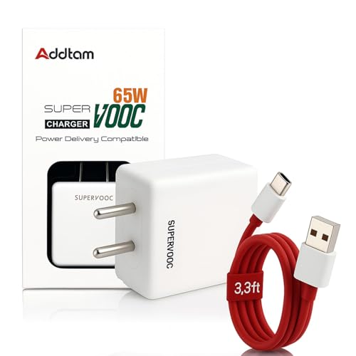 Addtam 65W Supervooc Fast Charger with C-Type 1M Cable|65w USB C Charge Compatible with OnePlus/Nord/Realme/Oppo/Redmi/Tecno/Poco/iQOO/Samsung/Motorola/Lava/Vivo/Infinix |65-watt Charging, White