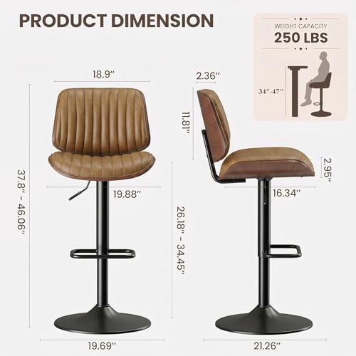 Image of MALOL Bar Stools Set of 2, Adjustable Counter Height Bar Chairs 26 inch-34.5 inch with Swivel & Footrest, Modern Faux Leather Barstools for Kitchen Island, Dining Room,Pub,Brown