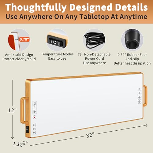 Electric Warming Tray (L 32”x12”)，Food Warmers for Parties Buffet with Thermostat&Full Surface Heating,Tempered Glass Warming Mat for Food, Temperature Adjustable Gold Handles Food Warming Mat,White