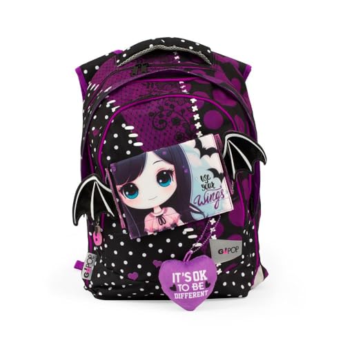 GO POP Zaino Love Dark Estensibile Round Per Bambine, 3 Scomparti E Tasche Interne, Schienale E Spallacci Imbottiti, Con Fascia Personalizzata E Pop Up, Per Scuole Elementari e Medie