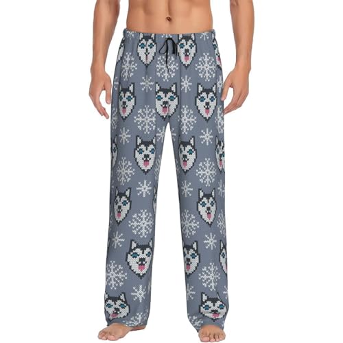 Mens Pajama Pants Bottoms With Pockets- Weaving Cute Husky Dog Snowflake Soft Mens Pj Pants, Comfy Men Lounge Pants4