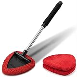 Windshield Window Cleaner Tool, Unbreakable Extendable Long-Reach Handle, Unique Pivoting Triangular Head, 3 Washable Reusable Microfiber Bonnets, Car & Home Inside Interior Exterior Use - Lint Free