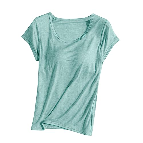 Review de Camiseta Green Day Top diez. 25 Camisetas con brasier integrado para mujer, manga corta, cuello redondo, casual, cómodas, para yoga, deportes, camisetas deportivas 2024, Verde (Mint Green), Large
