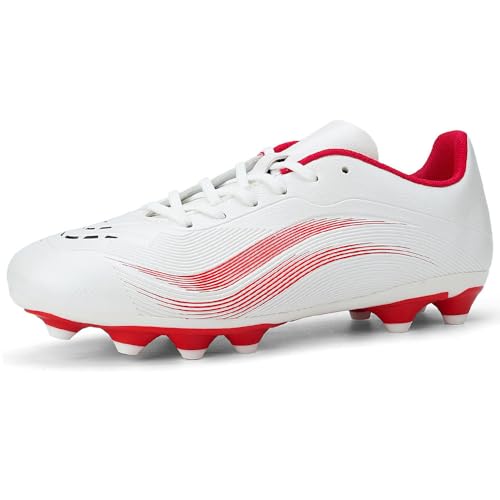GOGOUP Chaussures de Football Homme Spike Crampons Profession Chaussures de Foot Adultes Athlétisme Entrainement Chaussures de Sport Blanc Rouge EU44