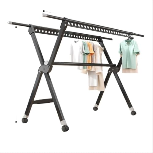Wafity伸縮式 折りたたみ式 物干しスタンド アルミ製 室内物干し 屋外 強力 物干し キャスター付き 布団ハンガー 錆びない コンパクト収納 洗濯物干し 布団干し 多機能 干しネット付き ステンレス鋼Wafity (150-250cm,ブラック)