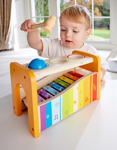 Image of Hape Pound & Tap Bench with Slide Out Xylophone - Award Winning Durable Wooden Musical Pounding Toy for Toddlers