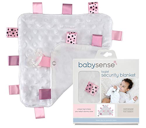 Image of BABY SENSE Taglet Security Baby Blanket Lovey with Pacifier Tag | Soft, Soothing, Comfortable, Warm, Cozy | Unisex & Toddler | Durable & Machine Washable (Pink)
