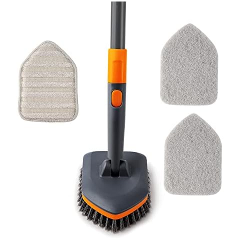 Bathroom Cleaning Brush, CLEANHOME Scrubber with 2 Different Fibre Cleaning Pad and 132 cm Long Telescopic Rod for Cleaning Bathroom, Kitchen, Toilet, Balcony, Swimming Pool (Grey) Cover