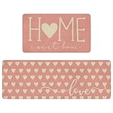 Fuoxowk Valentines Day Kitchen Mat Set 2 Piece,Pink Heart Love Home Sweet Home Decorative Kitchen Rugs,Valentine's Day Low-Profile Mats for Home Kitchen Decor 17'x48'+17'x30'