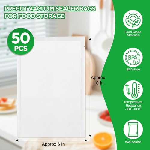 Image of Vacuum Sealer Bags,50 PCS 6 inchx10 inch Textured Vacuum Sealing Bags,Commercial Grade, BPA Free, Heavy Duty,Great for Food Storage Meal Prep or Sous Vide Cooking.