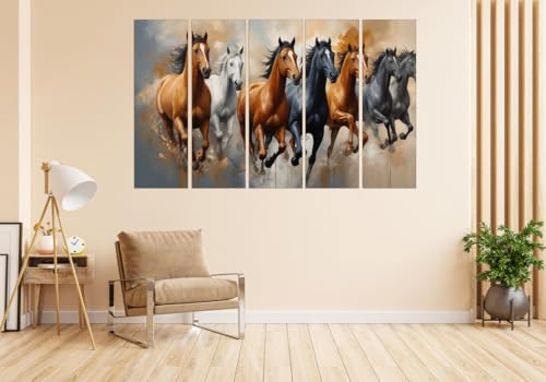 Image of KYARA ARTS 7 Horses Wall Painting for Living Room Big Size(30inchx 48inch) 7 Running Horses Painting Vastu for Bedroom, Office, Hotel - Wall Decor Wooden Framed-Digital Painting
