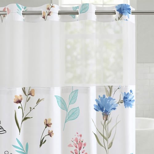 Americanflat 72x75 Hookless Shower Curtain - Water-Resistant Floral Shower Curtain with Sheer Panel, Snap-in Liner, and Grommets - 100% Polyester - Botanical Bathroom Curtains - Pink, Blue and White