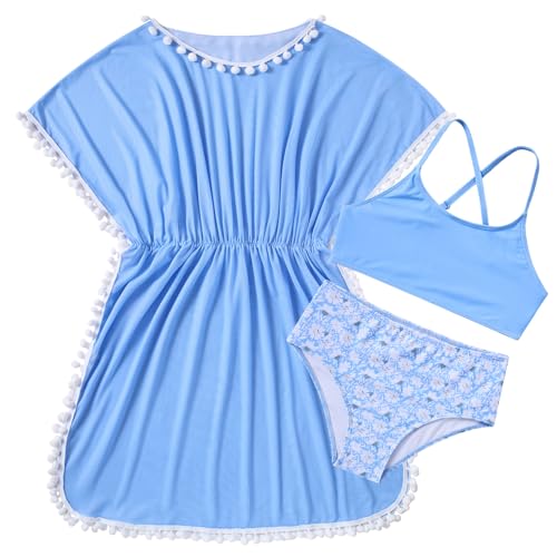 Image of Goodstoworld 7-12Y Girls 3 Piece Cover Up Swimsuit Hawaiian Bikini Bathing Suit with Pompom Tassel